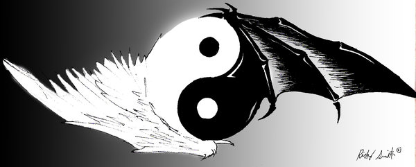 Black Yin Yang With Angel And Demon Wing Tattoo Design