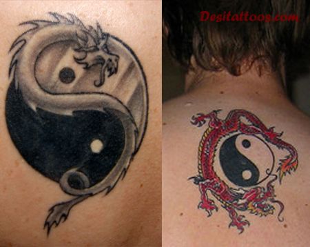 Black Yin Yang With Red Dragon Tattoo On Man Upper Back