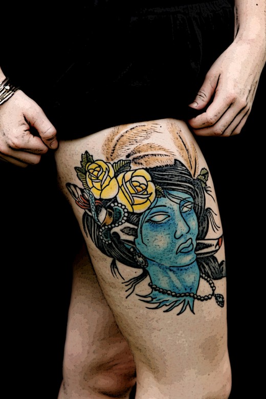 Blue And Black Zombie Girl Face With Yellow Rose Tattoo On Girl Thigh