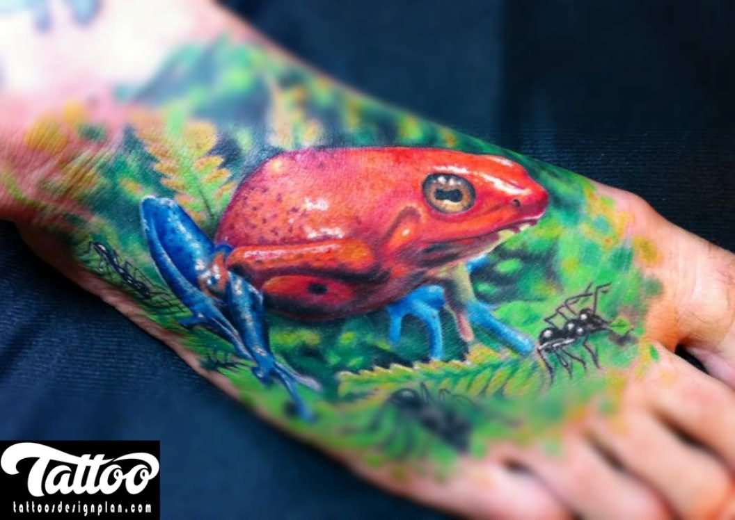 Blue And Red 3D Frog Tattoo On Foot