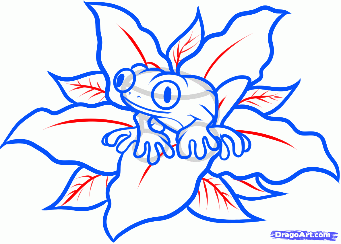 Blue And Red Frog Sit Flower Tattoo Stencil