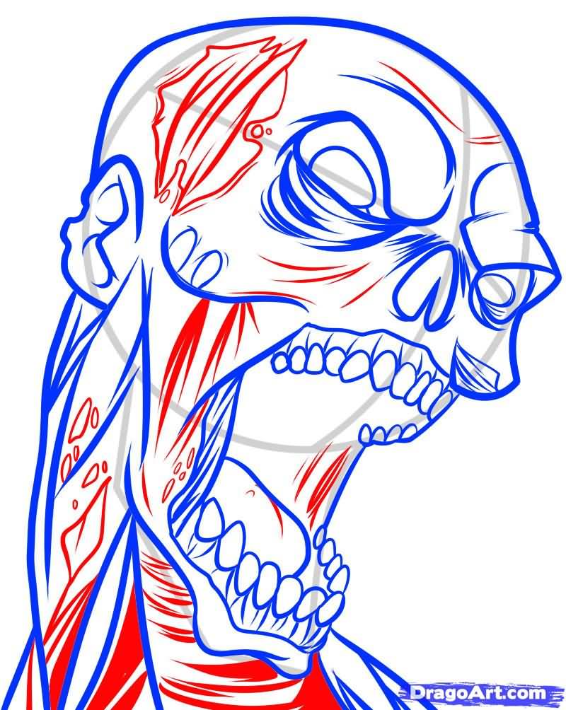 Blue And Red Zombie Face Tattoo Design