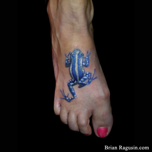 Blue And White 3D Frog Tattoo On Girl Foot