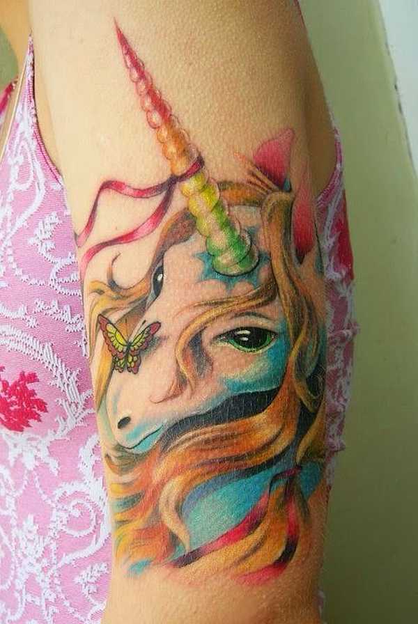 Butterfly Sit On Watercolor Unicorn Nose Tattoo On Half sleeve