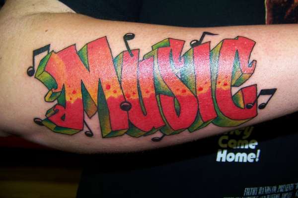 Color Music Graffiti Tattoo On Right Arm
