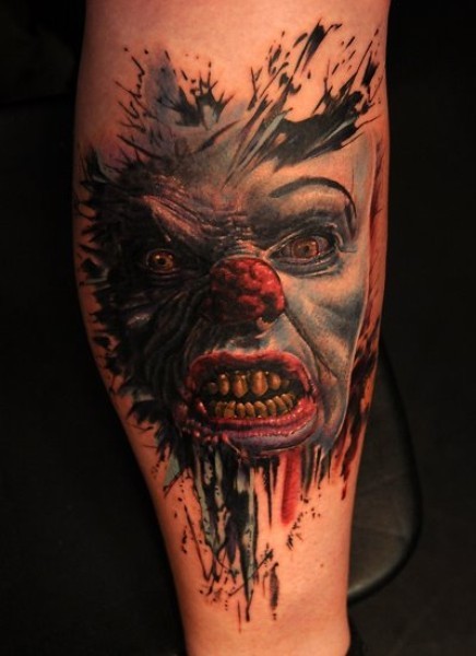 Colorful 3D Clown Monster Tattoo On Leg Calf By Andy Engel