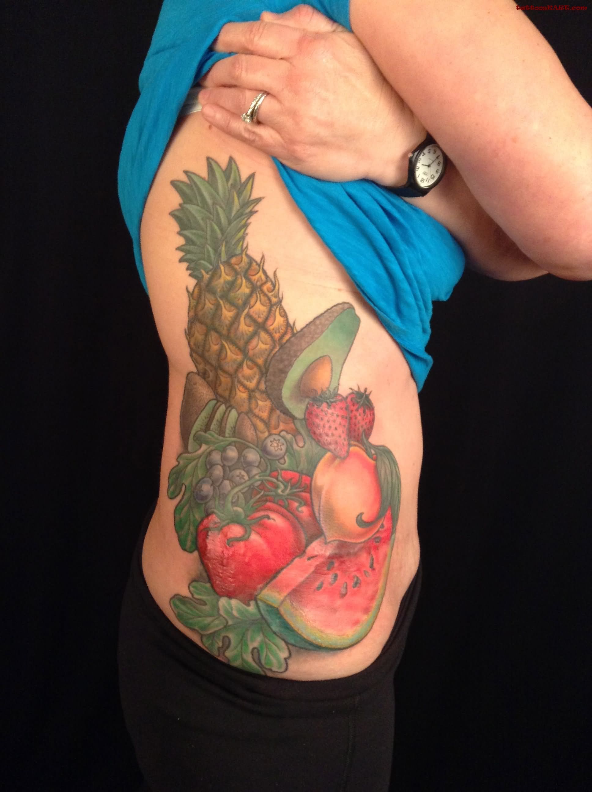 Colorful 3D Fruits Tattoo On Side Rib