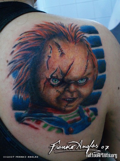 Colorful 3D Horror Chucky Face Tattoo On Man Right Back Shoulder