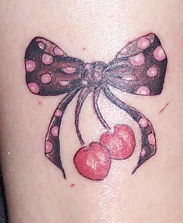 Colorful Bow With Two Cherry Tattoo Design