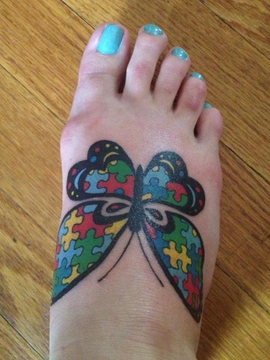Colorful Butterfly Puzzle Tattoo On Girl Foot