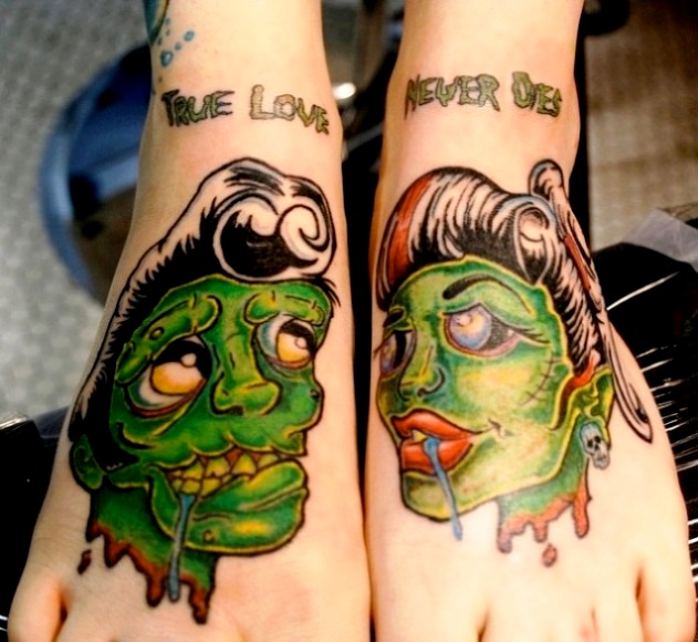 Colorful Couple Zombie Tattoo On Feet