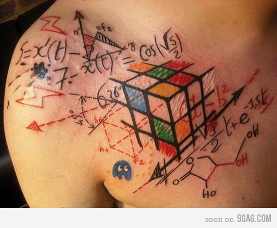 Colorful Cube With Math Formula Tattoo On Man Front Shoulder