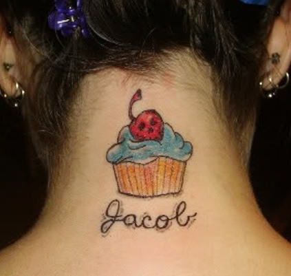 Colorful Cupcake Tattoo On Girl Nape