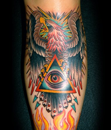 Colorful Eagle Sit On Illuminati Eye Tattoo On Forearm