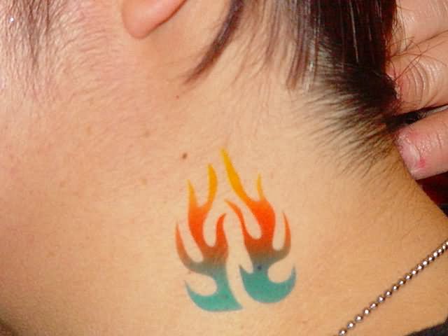 Colorful Fire Flame Tattoo On Side Neck