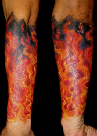 Colorful Fire Tattoo On Both Forearm