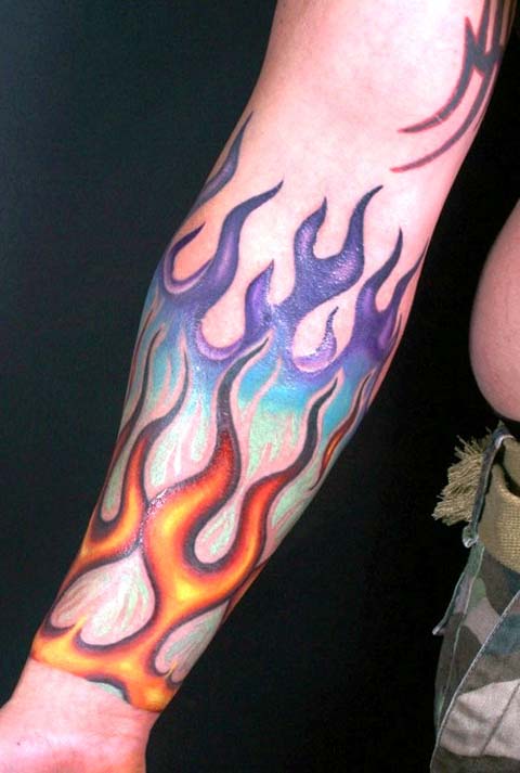 Colorful Flame Tattoo On Forearm