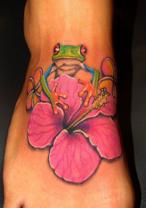 Colorful Frog Sit On Flower Tattoo On Foot