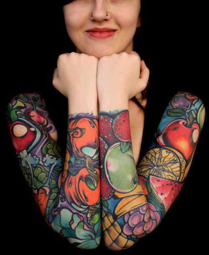 Colorful Fruits Tattoo On Girl Both Full Sleeve