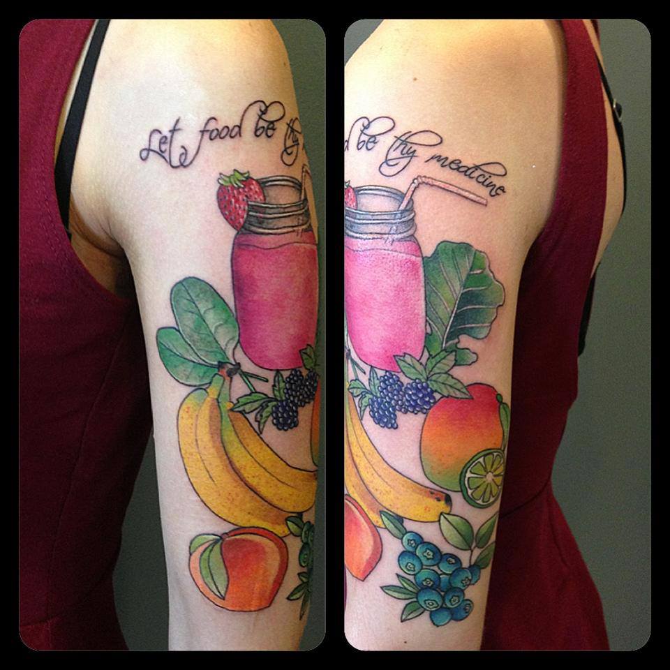 Colorful Fruits Tattoo On Girl Half Sleeve