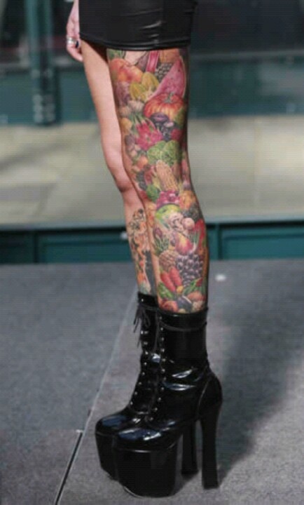 Colorful Fruits Tattoo On Girl Left Full Leg