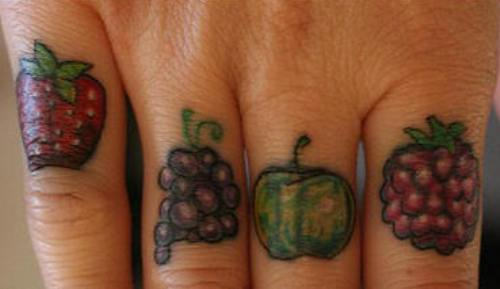Colorful Fruits Tattoo On Hand fingers