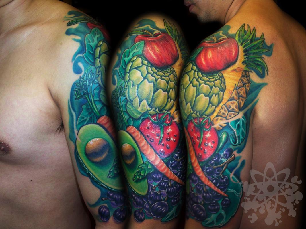 Colorful Fruits Tattoo On Man Shoulder