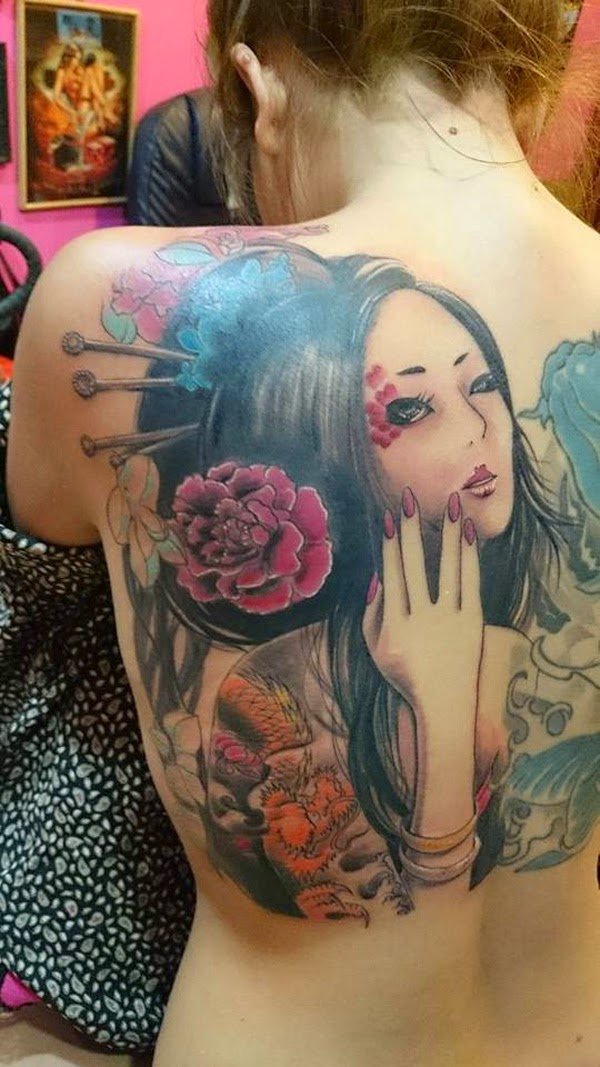 Colorful Geisha Face Tattoo On Girl Upper Back