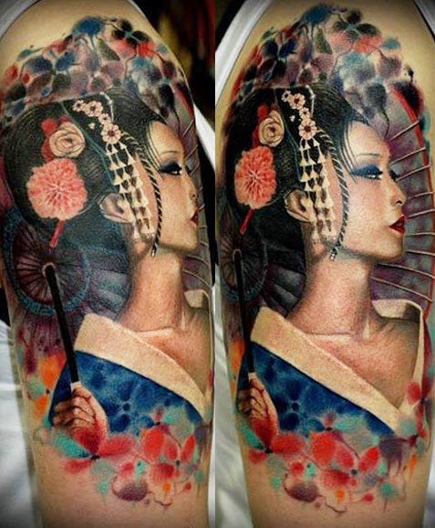 Colorful Geisha Face Tattoo On Shoulder