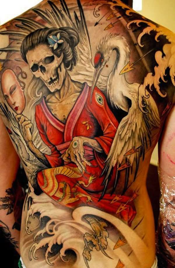Colorful Geisha Skeleton Tattoo On Full Back By Johan Finne