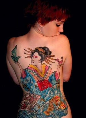 Colorful Geisha Tattoo On Girl Full Back
