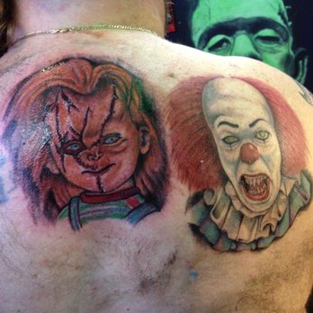 Colorful Horror Chucky And Joker Face Tattoo On Upper Back