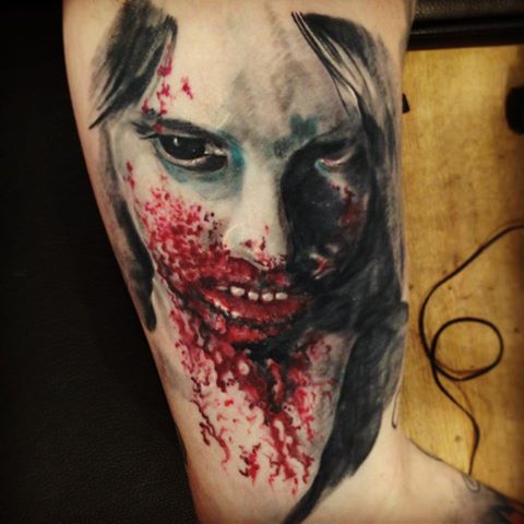 Colorful Horror Zombie Girl Tattoo On Leg Calf