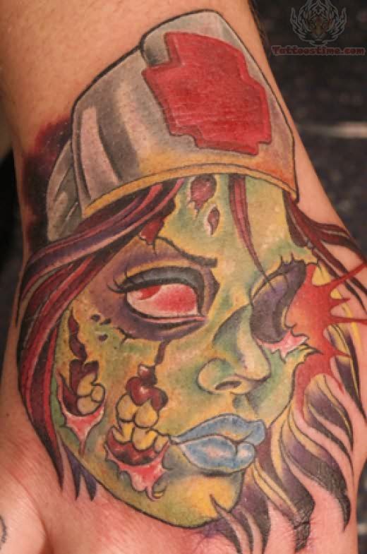Colorful Horror Zombie Nurse Tattoo Hand