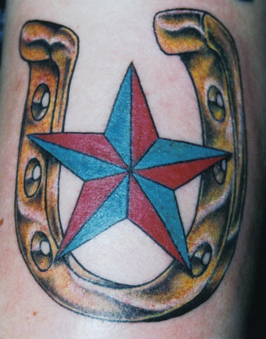 Colorful Horseshoe With Nautical Star Tattoo Design