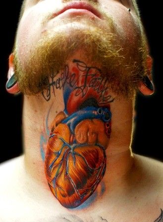 Colorful Human Heart Tattoo On Guy Neck
