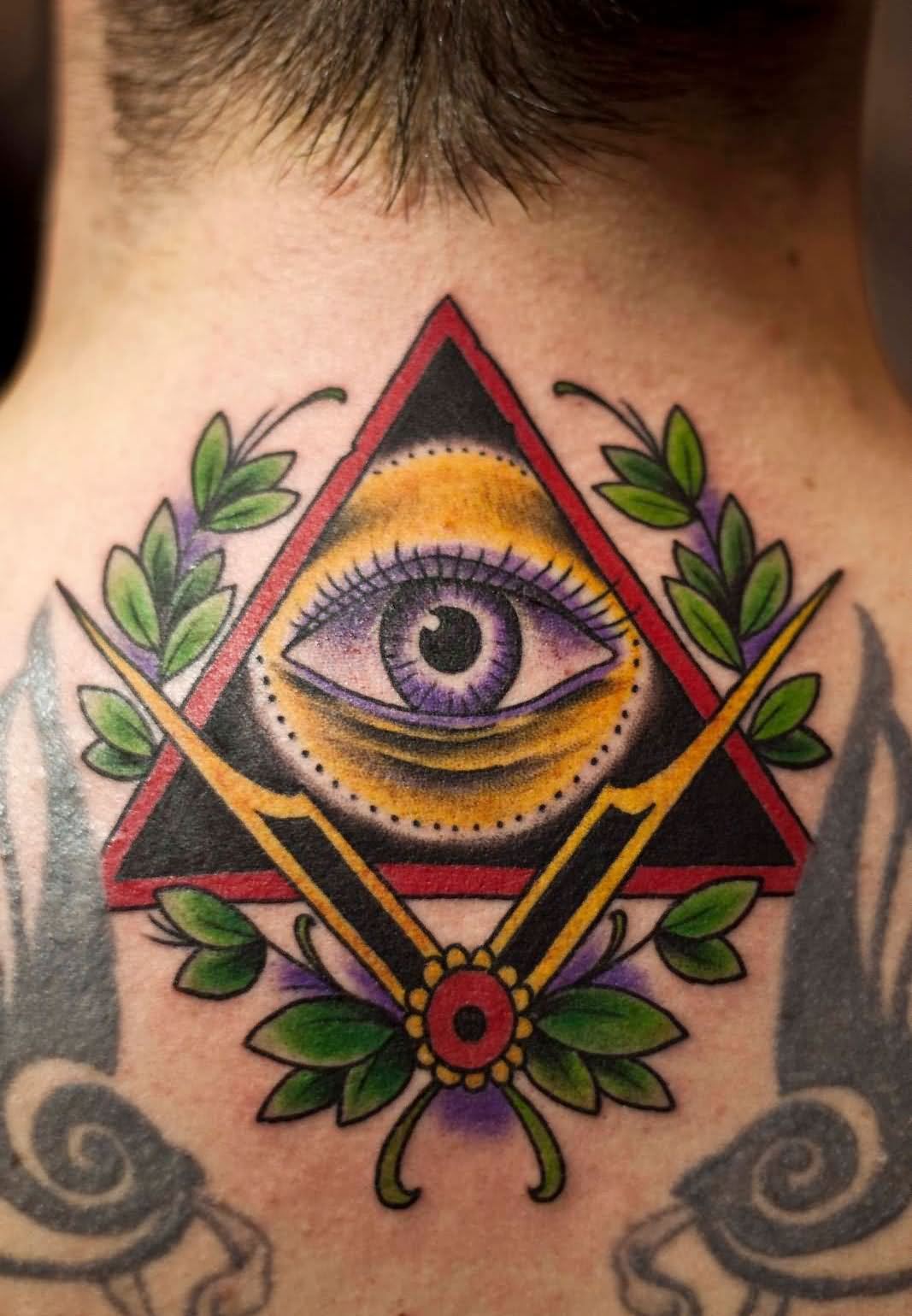 Colorful Illuminati Eye Tattoo On Man Back Neck