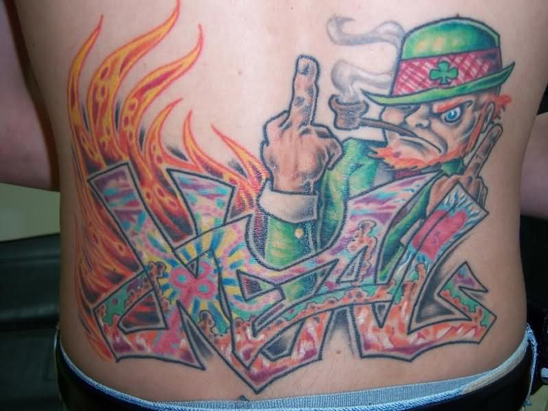 Colorful Leprechaun Graffiti Tattoo On Lower Back