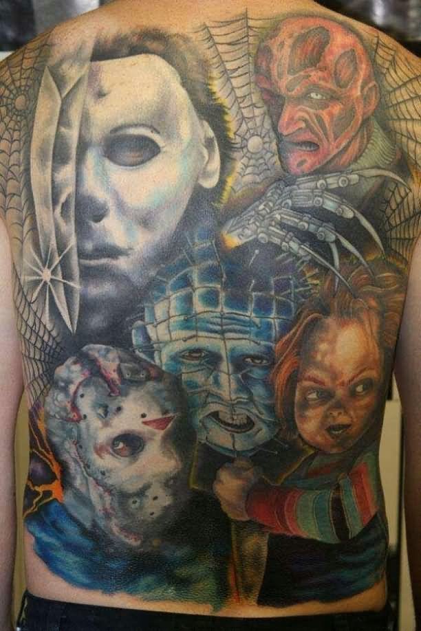 Colorful Michael Myers Freddy Kruger Chucky Tattoo On Man Full Back