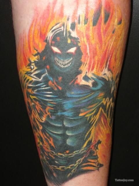 Colorful Monster In Fire Flame Tattoo Design