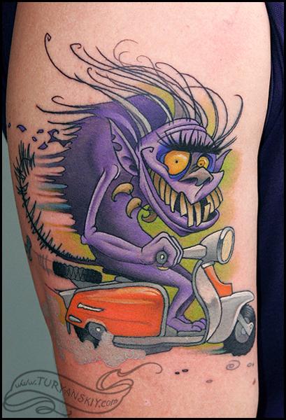 Colorful Monster Riding On Scooter Tattoo On Half Sleeve