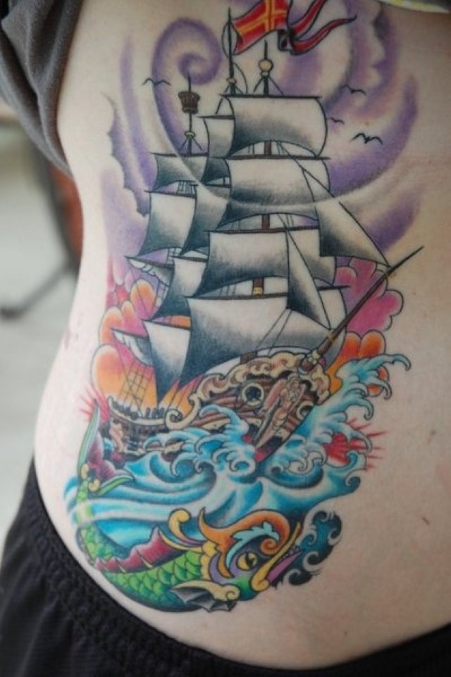 Colorful Nautical Ship Tattoo On Rib Cage