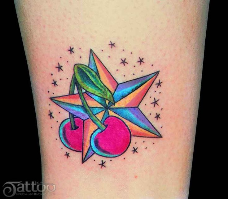 Colorful Nautical Star With Cherry Tattoo Design