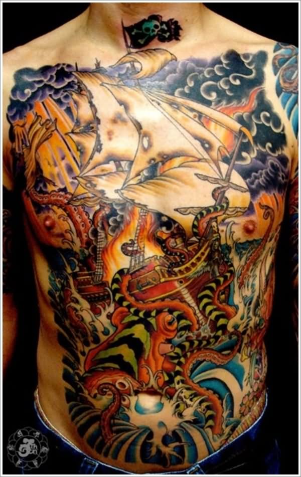 Colorful Nautical Tattoo On Man Body