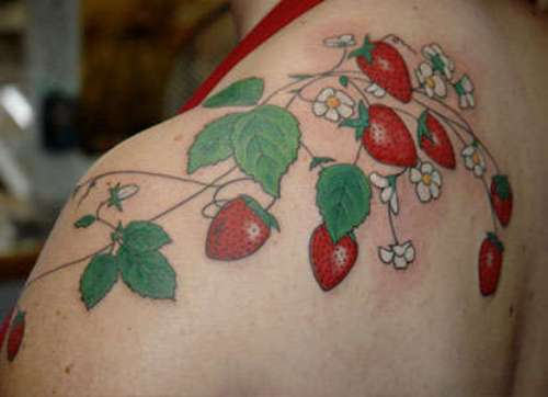 Colorful Strawberry Vine Fruit Tattoo On Shoulder