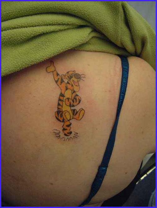Colorful Tigger Cartoon Tattoo On Girl Back Shoulder
