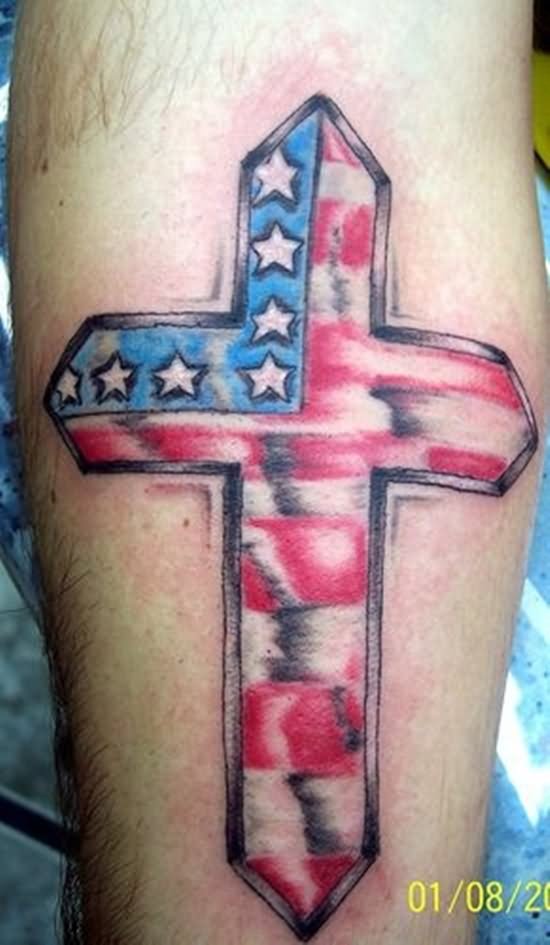 Colorful USA Flag In Cross Tattoo Design