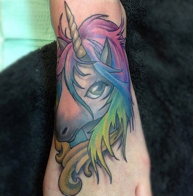 Colorful Unicorn Head Tattoo On Foot