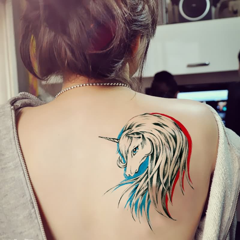 Colorful Unicorn Head Tattoo On Girl Back Shoulder