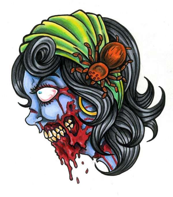 Colorful Zombie Girl Face Tattoo Design By Super Scotty Dynamite
